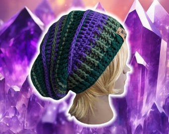 Slouchy Beehive Bonnet Beanie, Custom Made Crochet Unisex Knit Boho Beanie, Textured Ribbed Patchwork Beanie, Hippy Brimmed, GREEN AMETHYST