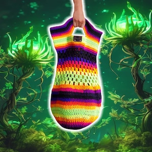 Cabas psychédélique, sac à main en tricot cartable d'épicerie, crochet fait main personnalisé, sac en tricot personnalisable, sacs à main en tricot, cartable néon en tricot