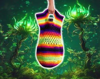 Psychedelic Tote, Knit Handbag Satchel Grocery Tote, Custom Handmade Crochet, Customizable Knit Bag, Knit Purses Totes, Knit Neon Bookbag