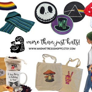 This image shows a brochure for my shoppe. MAD HATTRESS SHOPPE- MORE THAN JUST HATS. This image shows that you can find a variety of items right here in my shoppe.  I also sell tea, handbags, totes, scarfs, patches, custom mugs, purses, fabric slouch beanies, and much more!  Everything sold here is custom made by me personally.  #custom crochet #custom crafts #custom patches #custom totes #custom mugs #handmade gifts #custom handmade gifts #handcrafted unique tea blends #handmade boutique