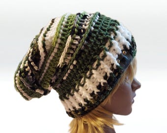 Slouchy Beehive Bonnet Beanie, Custom Hand Crocheted Unisex Knit Boho Beanie, Big Slouch Beanie, Brimmed Stretchy Striped ZEBRA CAMO Beanie