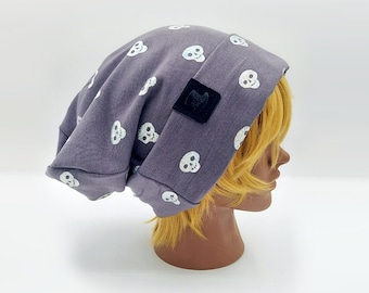 Gray Skull Slouch Beanie, Stretchy Slouch Beanie, Relaxed Slouchy Hat, Yoga Hat with Foldable Brim, Unisex Toque Knit Cap, Baggy Wizard Hat