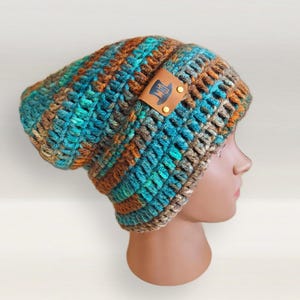 Earth Tones Hand Crocheted Slouchy Pixie Beanie: Foldable Brim, Desert Oasis, Hiking Beanie, Baby Kids and Plus Sizes Hats