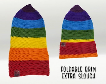 Slouchy Pixie Beanie Foldable Brim- Custom Made Hand Crocheted Cap, Casual Knit Pointed Beanie, Rainbow Striped Brimmed Toque, CHAKRA BEANIE