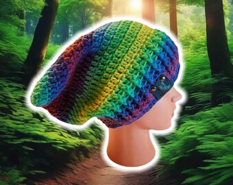 Droopy Box Beanie w Ribbed Brim, Custom Slouch Beanie, Hand Crocheted Knit Tam, Baggy RastaCap, Dread Bonnet Cap, Plus Size UNISEX BOHO Hat