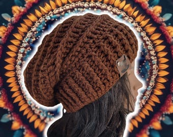 Slouchy Beehive Bonnet Beanie, Custom Made Crochet Unisex Knit Boho Beanie, Textured Ribbed Patchwork Hiking Beanie, XL Hippy Brimmed, BROWN
