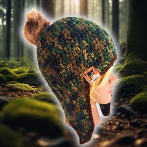 Puede incluir: Sombrero de camuflaje de crochet con orejeras y un pompón de piel sintética marrón. El sombrero tiene un parche de cuero marrón con la palabra "Made" en él.