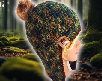 Fitted Ear Flap Beanie w Button, Trapper Hat, Aviator Cap, Sherpa Beanie, Laplander Chullo Hat, Custom Handmade Crochet, Unisex FOREST CAMO