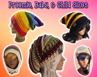 BABY AND CHILD Size Fun Crochet Beanies | Custom beanies for small heads, select any of my hat styles and make it preemie baby or child size
