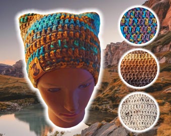 Custom Kitten Beanie, Lightweight Fitted Cat Eared Cap, Handmade Crochet, Knit Cat Eared Hat w Small Ears, Knit Summer Beanie, DESERT OASIS