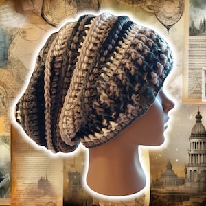 May include: A slouchy beanie hat with a crocheted design in shades of brown, black, and white. The hat has a unique textured pattern and a button detail.