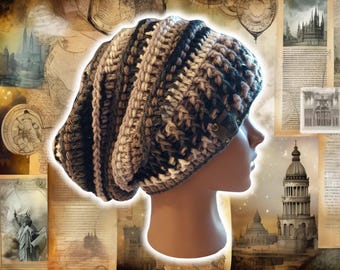 Slouchy Beehive Bonnet Beanie, Custom Made Crochet Unisex Knit Boho Beanie, Textured Ribbed Patchwork Beanie, BLACK/GRAY/WHITE Marble Beanie