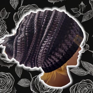 Slouchy Beehive Bonnet Beanie, Custom Made Crochet Unisex Knit Boho Beanie, Textured Ribbed Patchwork Beanie, XL Hippy Brimmed, BLACK/GRAY