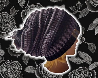 Slouchy Beehive Bonnet Beanie, Custom Made Crochet Unisex Knit Boho Beanie, Textured Ribbed Patchwork Beanie, XL Hippy Brimmed, BLACK/GRAY