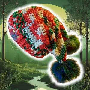 May include: A red, white, and green crocheted hat with two fluffy pom-poms. The hat has a striped pattern and is made with a chunky yarn.