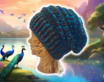 Slouchy Beehive Bonnet Beanie, Custom Made Crochet Unisex Knit Boho Beanie, Textured Ribbed Patchwork Beanie, XL Hippy Brimmed, PEACOCK HAT