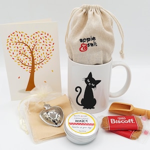 Cat Lover&#39;s Tea and Mug Gift Set, Herbal Tea Spa Gift Set, Handmade Custom Personalized Cat Mug, Gift for Teacher, Thinking of You Gift Box