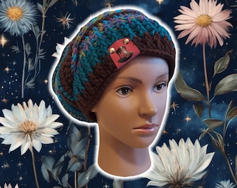 Slouchy Beehive Bonnet Beanie, Custom Made Crochet Unisex Knit Boho Beanie, Textured Ribbed Hiking Beanie, Plus Size Hippy Baggy, PATCHWORK