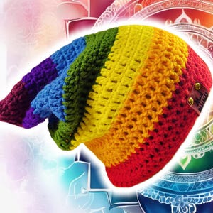 7 CHAKRAS INSPIRED COLORFUL BEANIE - pointed beanie with brim unfolded showing its long length and pixie shaped back part. Beanie can be adjusted to any height, slouch length, you can change the colors, the style, even change the brim type from foldable to ribbed.  make this beanie fit your style!  make general customizations free of charge!  Add pom poms, hand made embroidered patches, tassels, buttons, add your name, anything you want for your very own custom hat.