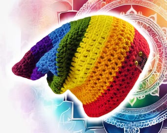 Slouchy Pixie Beanie Foldable Brim- Custom Made Hand Crocheted Cap, Casual Knit Pointed Beanie, Rainbow Striped Toque, YOGA CHAKRA BEANIE
