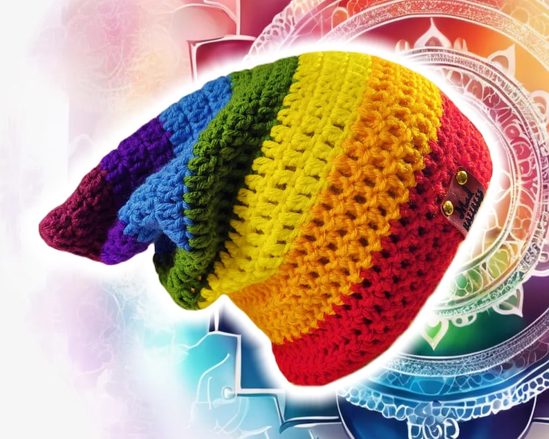 7 CHAKRAS INSPIRED COLORFUL BEANIE - pointed beanie with brim unfolded showing its long length and pixie shaped back part. Beanie can be adjusted to any height, slouch length, you can change the colors, the style, even change the brim type from foldable to ribbed.  make this beanie fit your style!  make general customizations free of charge!  Add pom poms, hand made embroidered patches, tassels, buttons, add your name, anything you want for your very own custom hat.