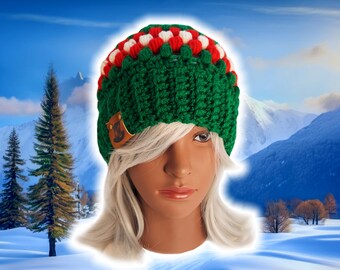 Slouchy Puff Stitch Beanie, Custom Made Handmade Crochet, BOHO Hippy Unisex Beanie, Knit Crochet Tam, Free Customizations, Green/Red/White