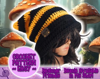 Foldable Brim Striped Droopy Eared Slouch Beanie CROCHET PATTERN | Unisex Knit Cat Hat, Baggy Box Beanie, Unisex Toque, Plus Size XL Hat Cap