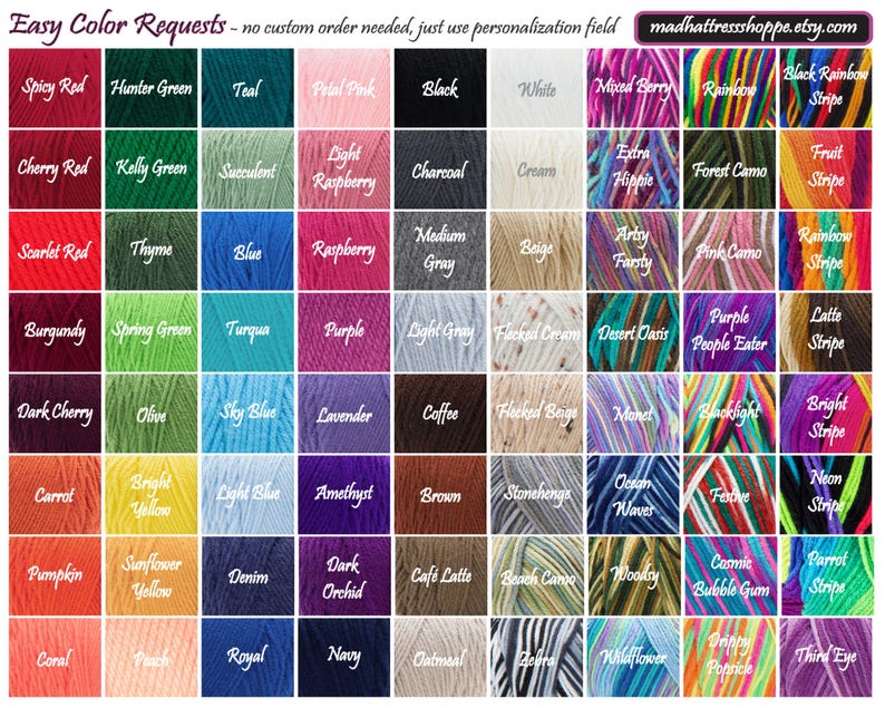 Yarn Color Chart, Homemade Crochet, Crochet Beanie, Knit Beanies, FITTED TOQUE, KNIT TOBOGGAN, CROCHETED CAP, KNIT POM TAM, DOCKER BEANIE, FISHERMAN BEANIE, KNIT TRAWLER BEANIE, HIGH TOP BEANIES, CUFFLESS KNIT BEANIE, KNIT WATCH CAP, MONMOUTH CAP, CHEAP RIBKNIT CAP, FITTED SKULLCAP, stretchy brimmed beanies, rasta caps, Jamaican beanies, face mask beanies, unisex knit beanies, beanies for all sizes, plus size beanies, knit xxl beanies, slouch beanie, extra slouchy beanie for big heads, large hat