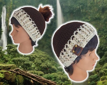 Custom Fitted Skull Cap, Ribbed Brim Hat, Rib-Knit Cuffed, Handmade Crochet, Unisex BOHO Hiking Snowboarding Beanie, Brown High Top Beanie