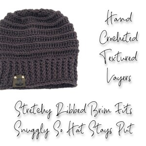 THIS IMAGE SHOWS THIS TEXTURED RIBBED CROCHET BEANIE LAID FLAT, IT READS: THIS BEANIE HAS A "LARGE STRETCHY RIBBED BRIM FITS SNUGGLY SO HATS STAY PUT AND HAND CROCHETED TEXTURED LAYERS."  THIS BEANIE HAS A TAG ON THE SIDE OF THE BEANIE WHICH HAS MY LOGO ON IT, YOU CAN REQUEST THIS TO BE REMOVED AS WELL.  USE PERSONALIZATION FIELD FOR ALL REQUESTS.  ANY STYLE BEANIE CAN BE CUSTOMIZED UPON REQUEST FOR FREE. #HANDMADEWITHLOVE #Y2K HAT #GRUNGE ALTERNATIVE BEANIES