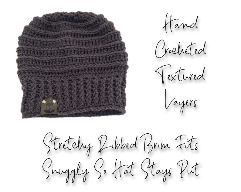 THIS IMAGE SHOWS THIS TEXTURED RIBBED CROCHET BEANIE LAID FLAT, IT READS: THIS BEANIE HAS A "LARGE STRETCHY RIBBED BRIM FITS SNUGGLY SO HATS STAY PUT AND HAND CROCHETED TEXTURED LAYERS."  THIS BEANIE HAS A TAG ON THE SIDE OF THE BEANIE WHICH HAS MY LOGO ON IT, YOU CAN REQUEST THIS TO BE REMOVED AS WELL.  USE PERSONALIZATION FIELD FOR ALL REQUESTS.  ANY STYLE BEANIE CAN BE CUSTOMIZED UPON REQUEST FOR FREE. #HANDMADEWITHLOVE #Y2K HAT #GRUNGE ALTERNATIVE BEANIES