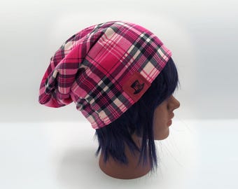Thin Summer Slouch Beanie Hat, Light Flannel Slouchy Hat, Foldable Brim, Lightweight Flannel Beanie, Unisex Jersey Knit Cap, Pink Plaid Tam