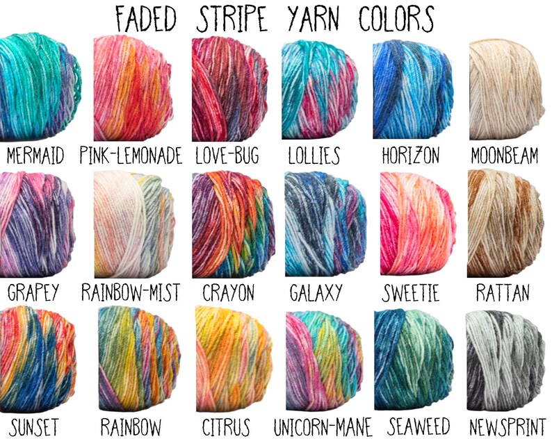 This image shows a selection of faded stripe yarn colors.  Very fun color patterns with faded stripes giving a very youthful and laid back look.  Choose any color or color combination and write it in the personalization field. #bubble gum colors #galaxy colored beanie #fun colored hats  #retro beanies #faded beanies #wool caps #rainbow beanies #black and white beanies #hippie beanies #stoner beanies #patchwork beanies #boho beanies #unicorn beanies #rasta caps #slouchy beanies #fisherman beanie