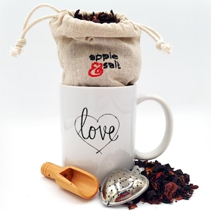 Thinking of You Tea Gift Box, Send a Unique Gift, Artisan Herbal Teas, Gift with Greeting Card, Heart Mug, I Love You Personalized Mug Set