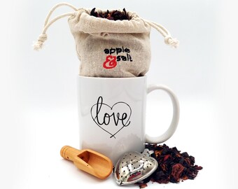 Thinking of You Tea Gift Box, Send a Unique Gift, Artisan Herbal Teas, Gift with Greeting Card, Heart Mug, I Love You Personalized Mug Set