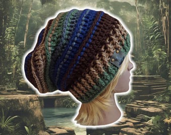 Slouchy Beehive Bonnet Beanie, Custom Made Crochet Unisex Knit Boho Beanie, Textured Ribbed Patchwork Beanie, XL Hippy Brimmed, EARTH TONES