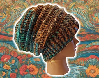 Slouchy Beehive Bonnet Beanie, Custom Made Crochet Unisex Knit Boho Beanie, Textured Ribbed Patchwork Beanie, XL Hippy Brimmed, DESERT OASIS