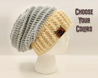 Two Color Knit Beanie Hat - Hand Made Textured Layers, Ribbed Brim, Hand Crocheted, Choose Your Own Colors, Gray and Cream Beehive Beanie