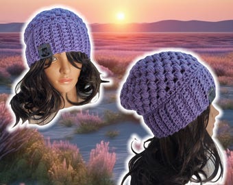 Slouchy Puff Stitch Beanie, Custom Made Handmade Crochet, BOHO Hippy Unisex Beanie, Knit Crochet Tam, Free Customizations, LAVENDER BEANIE