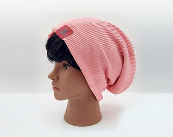 Thin Summer Slouch Beanie, Light Breezy Slouchy Hat, Adjustable Foldable Brim, Lightweight Beanie, Unisex Jersey Knit Cap, Silky Pink Tam
