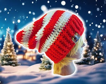 Droopy Box Beanie w Ribbed Brim, Custom Striped Cat Hat, Hand Crocheted Santa Hat, Baggy RastaCap, Dread Jester Cap, Plus Size UNISEX BOHO