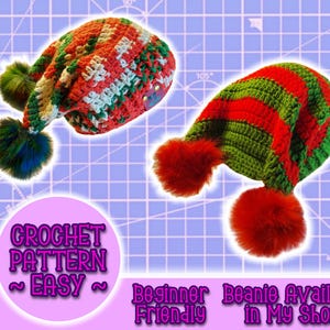 Puede incluir: Dos gorros de punto con pompones. Uno es rojo, blanco y verde con un pompón verde. El otro es verde y rojo con pompones rojos. El texto "CROCHET PATTERN ~EASY~" está sobre un fondo rosa. El texto "Beginner Beanie Available in My Shop!" está sobre un fondo rosa.