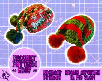 PATTERN Ribbed Brim Droopy Cat Eared Slouch Beanie, Striped Santa Hat, Knit Jester Beanie, Easy Beginner Crochet Pattern Under 5 Dollars
