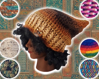 Droopy Box Beanie w Ribbed Brim, Custom Slouch Beanie, Hand Crocheted Knit Tam, Baggy RastaCap, Dread Bonnet Cap, Plus Size UNISEX BOHO Hat