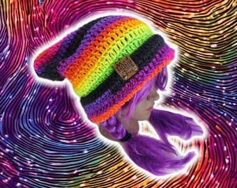 Droopy Box Beanie, Custom Slouch Beanie, Hand Crocheted Knit Tam, Baggy Stocking Cap, Jester Beanie, UNISEX BOHO Psychedelic Hat Folded Brim