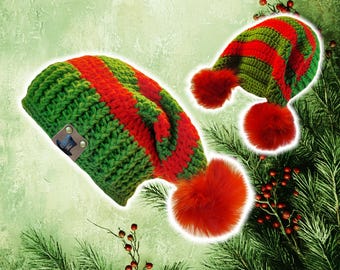 Droopy Box Beanie w Ribbed Brim, Custom Slouch Beanie, Hand Crocheted Santa Hat, Baggy RastaCap, Dread Jester Cap, Plus Size UNISEX BOHO Hat