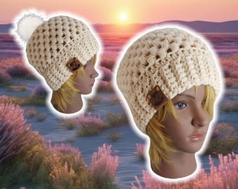 Slouchy Puff Stitch Beanie, Custom Made Handmade Crochet, BOHO Hippy Unisex Beanie, Knit Crochet Tam, Free Customizations, WHITE CREAM Hat