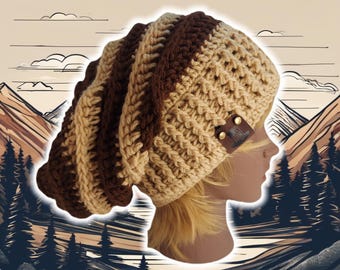 Slouchy Beehive Bonnet Beanie, Custom Made Crochet Unisex Knit Boho Beanie, Big Textured Ribbed Hiking Beanie, XL Hippy Brimmed, BROWN/BEIGE