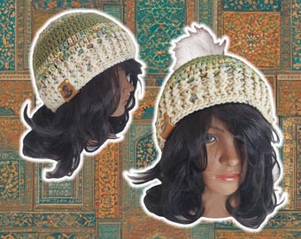 Custom Fitted Skull Cap, Ribbed Brim Hat, Rib-Knit Cuffed Toque, Handmade Crochet Unisex BOHO Hiking Snowboarding Beanie, Striped BEACH CAMO