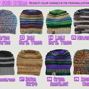 This photo shows more style options.  22- artsy fartsy, 23- bold earth tones, 24- light earth tones, 25- newspaper, 26- monochrome, 27- ratan stripe, 28- green amethyst, 29- desert oasis. Shop keywords: Cute warm fall and winter toboggans.  patchwork beanies, rag beanies, turban style beanies, wrap beanies, bulb beanies, extra slouchy head wrap beanie, striped beanies, pattern beanies, great knit tams, baggy tams, turban beanies, chemo beanies, beanies for cancer, cancer caps, chemo cap hat